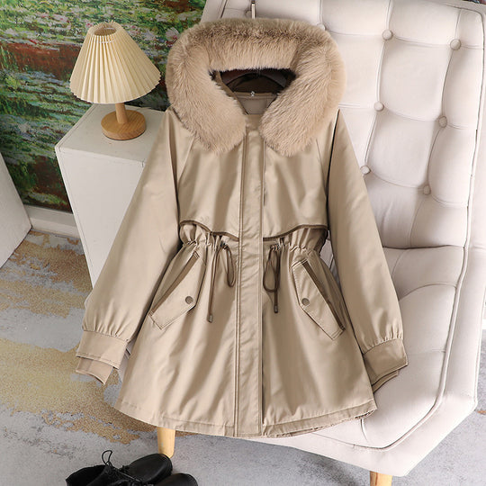 Damen modische Übergangsjacke mit abnehmbarem Kunstfellkragen und Taillenzug R&B
