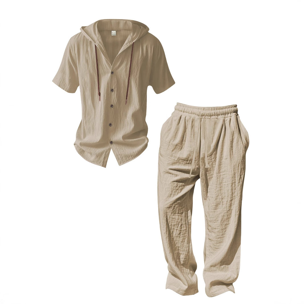 Herren nan luftiges Leinen-Lounge-Set mit kurzärmeligem Kapuzenhemd und gerader Relaxhose R&B