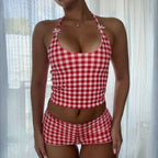 Damen Gingham Muster Badeanzug mit verstellbarem Halter R&B