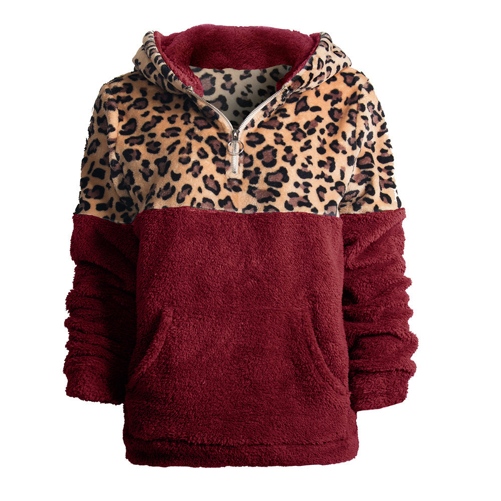Damen kuscheliger Kapuzenpullover mit aufregendem Leopardenmuster und Kängurutasche R&B