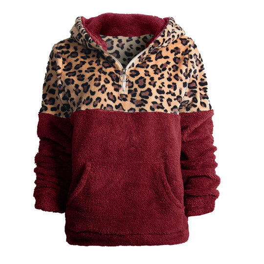 Damen kuscheliger Kapuzenpullover mit aufregendem Leopardenmuster und Kängurutasche R&B