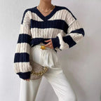 Damen nan gestreifter Grobstrick-Pullover mit Zopfmuster, tiefem V-Ausschnitt und oversized Passform R&B