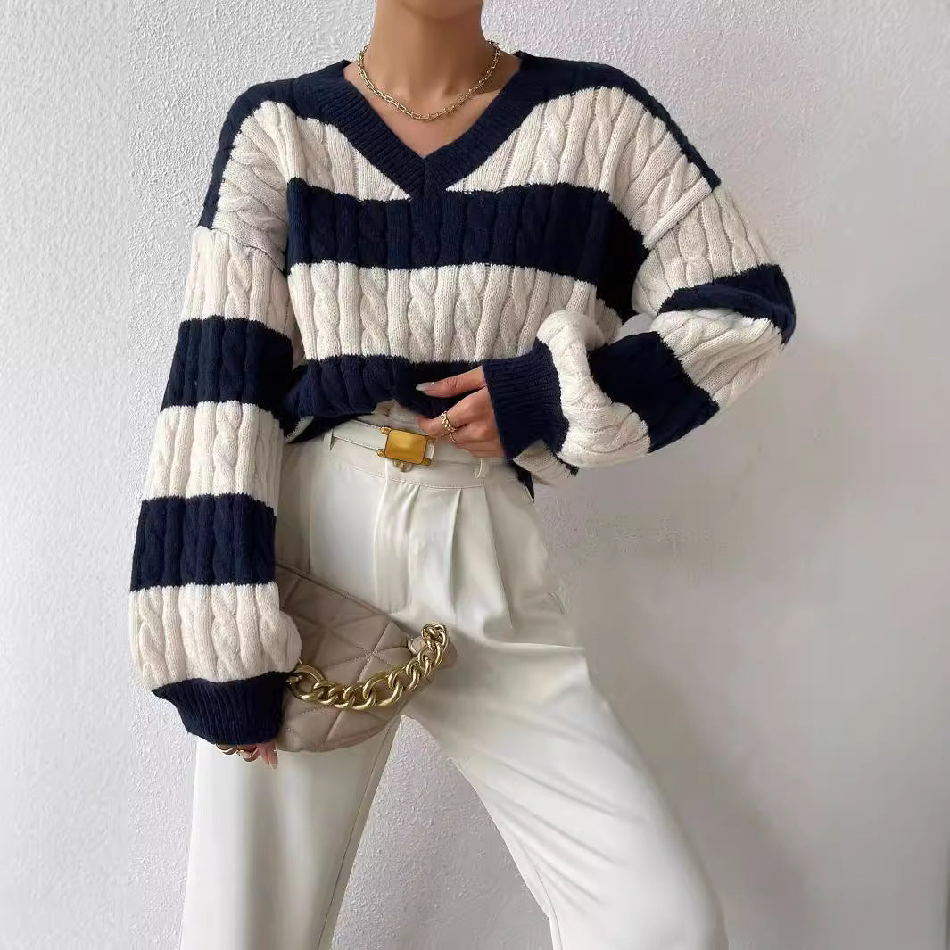 Damen nan gestreifter Grobstrick-Pullover mit Zopfmuster, tiefem V-Ausschnitt und oversized Passform R&B