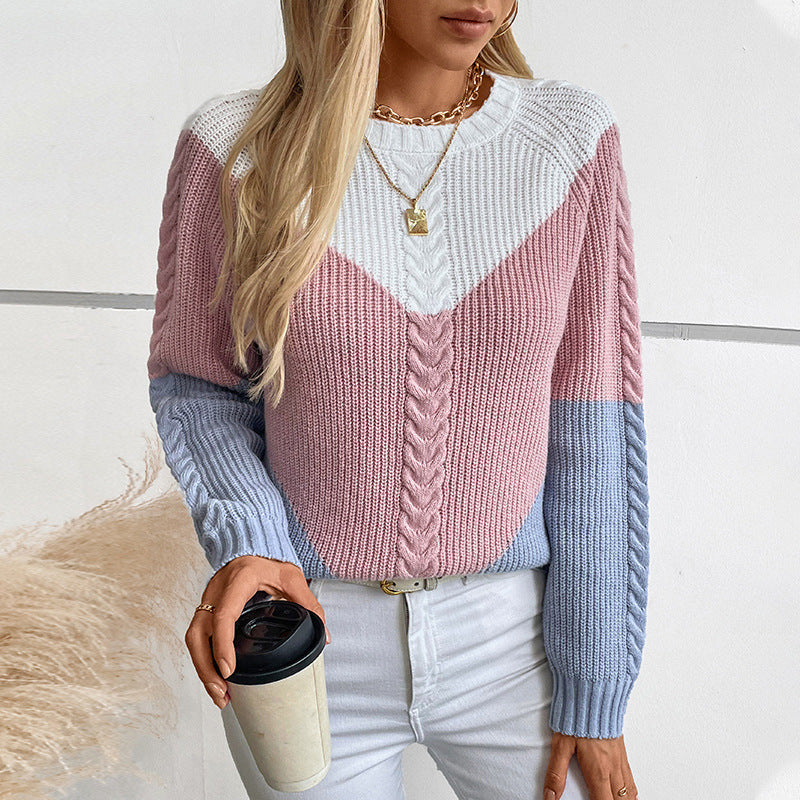 Damen modischer Strickpullover mit geometrischem Muster und Zopfrippen