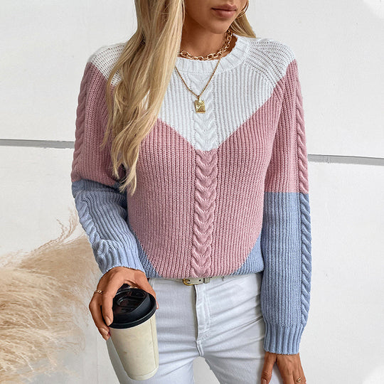 Damen modischer Strickpullover mit geometrischem Muster und Zopfrippen R&B