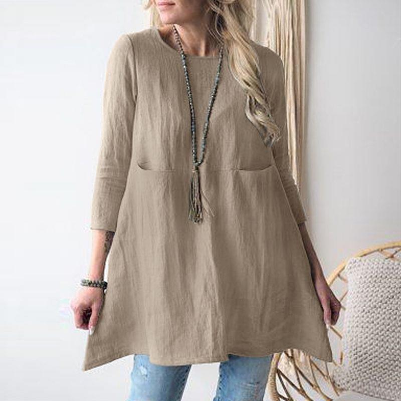 Damen lässiges Tunika-Kleid mit praktischen Taschen und 3/4-Ärmeln R&B