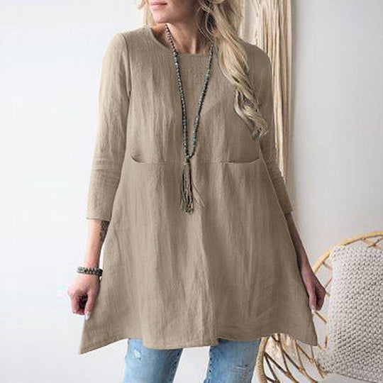 Damen lässiges Tunika-Kleid mit praktischen Taschen und 3/4-Ärmeln R&B
