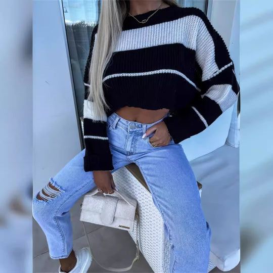 Damen cropped Strickpullover mit modischen Blockstreifen R&B