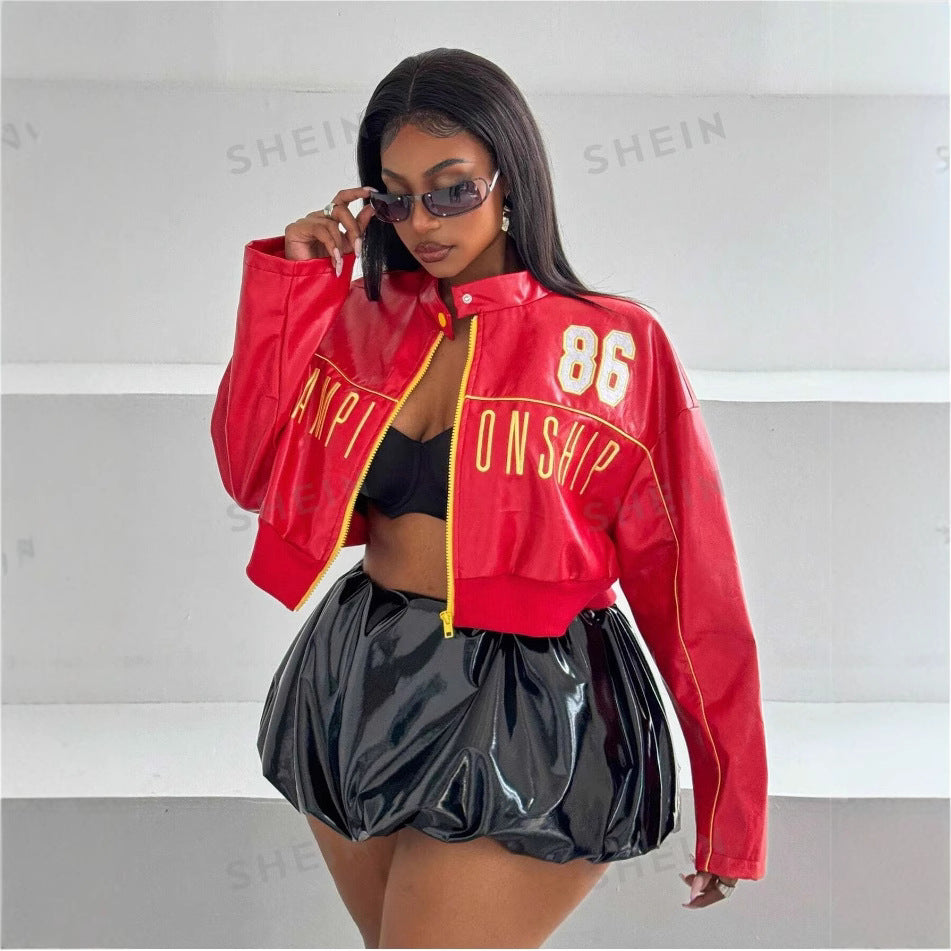 Damen cropped Kunstlederjacke mit sportiven Details R&B