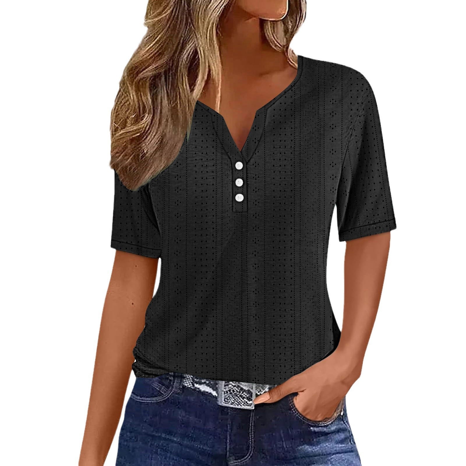 Damen Komfortables Kurzarmshirt mit Knopfdetails R&B