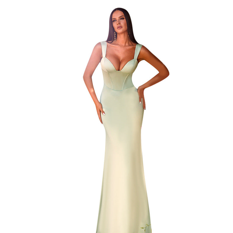 Damen elegantes körperbetontes Maxikleid mit tiefem V-Ausschnitt R&B