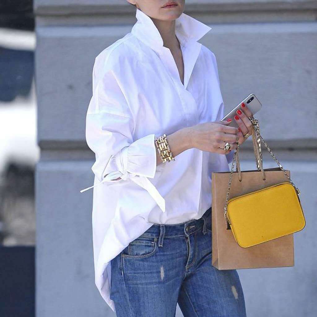 Damen lässige Overshirt-Bluse mit hohen Kragen und modernen Bindegürteln R&B