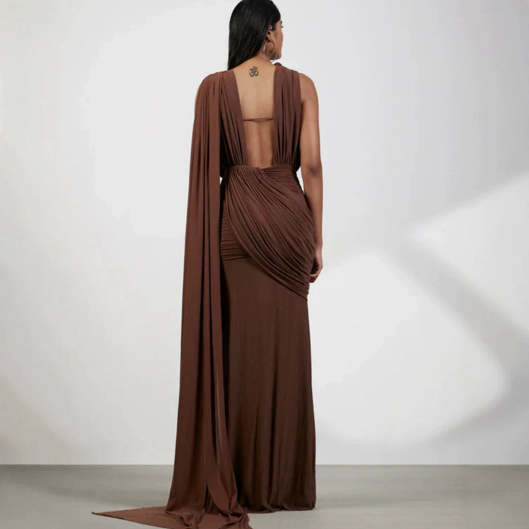Damen bodenlanges Wickelkleid mit raffinierten Drapierungsdetails und elegantem V-Ausschnitt R&B