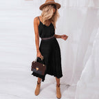 Damen Plissee Midi-Kleid mit Spaghettiträgern und schmeichelnder Silhouette R&B