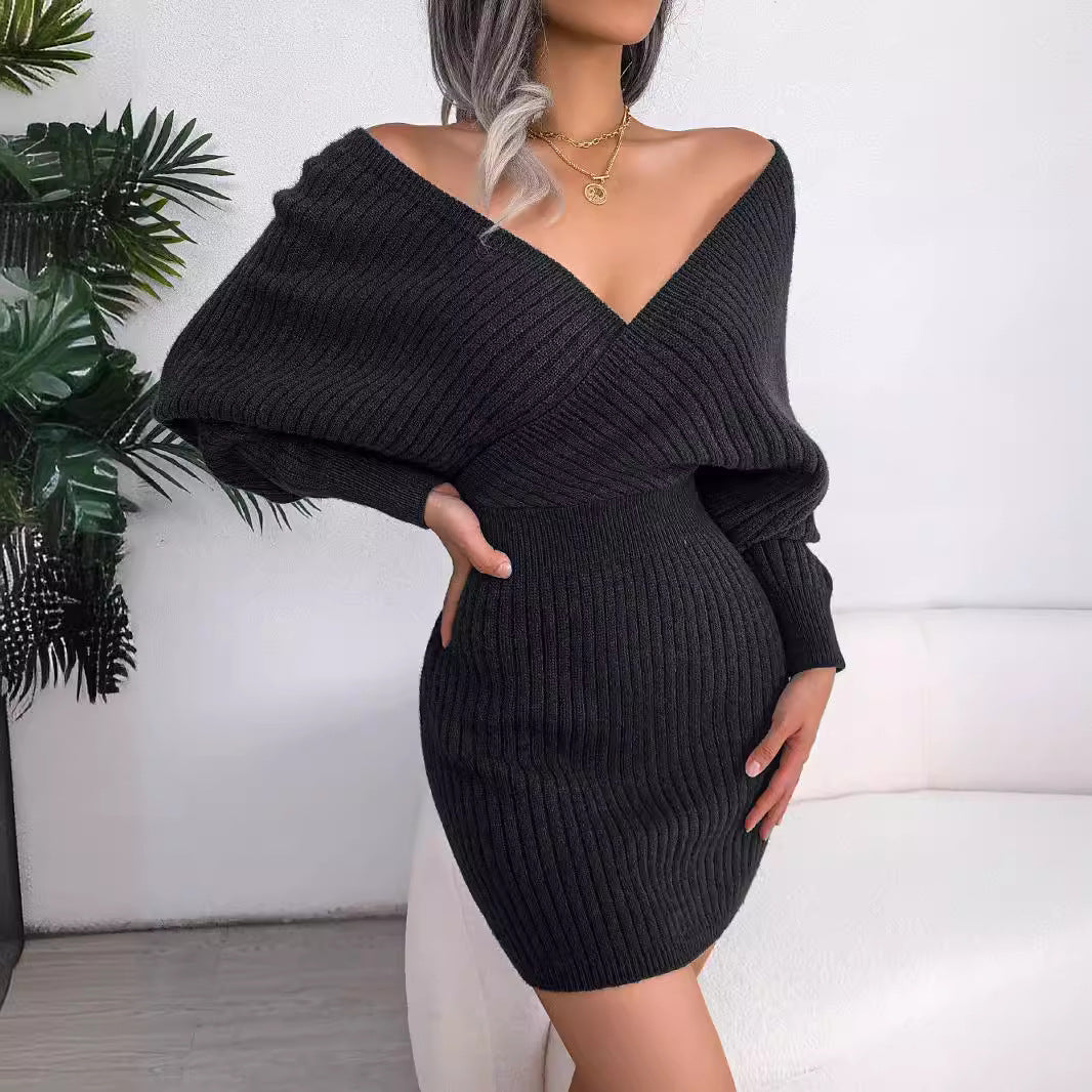 Damen gestricktes Minikleid mit V-Ausschnitt R&B