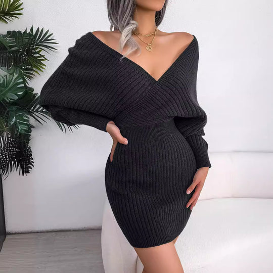Damen gestricktes Minikleid mit V-Ausschnitt R&B