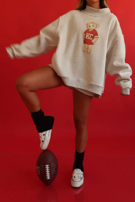 Damen nan weit geschnittener Sweatpullover mit Teddybär-Print und Stehkragen R&B