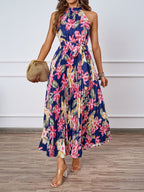 Damen Plissiertes Maxikleid mit tiefem Halterneck und floraler Taillierung R&B