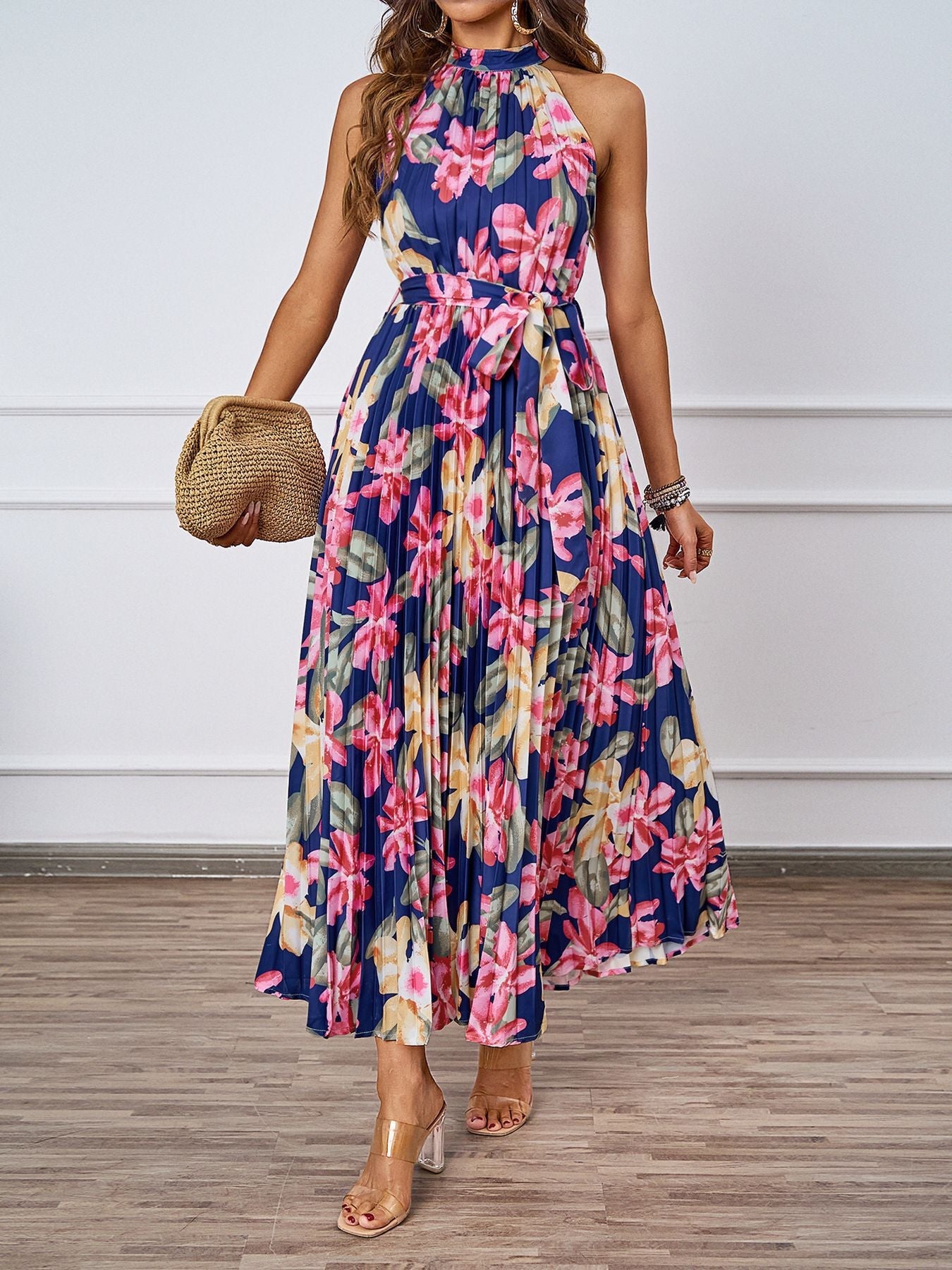 Damen Plissiertes Maxikleid mit tiefem Halterneck und floraler Taillierung R&B