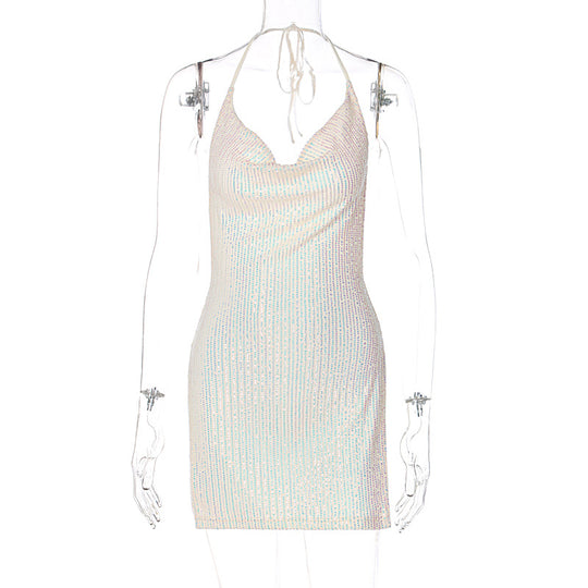 Damen Funkelndes Minikleid mit schmalem Schnitt und Halterdesign R&B