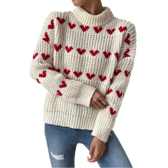 Damen Grobstrickpullover mit Herzmuster und Rollkragen R&B