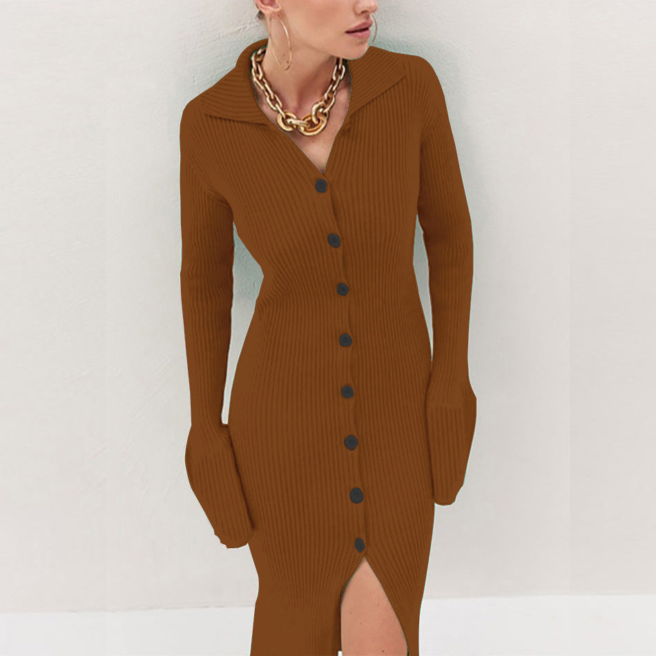 Damen Strickkleid mit modischem Knopfverschluss und elegantem Schlitz R&B