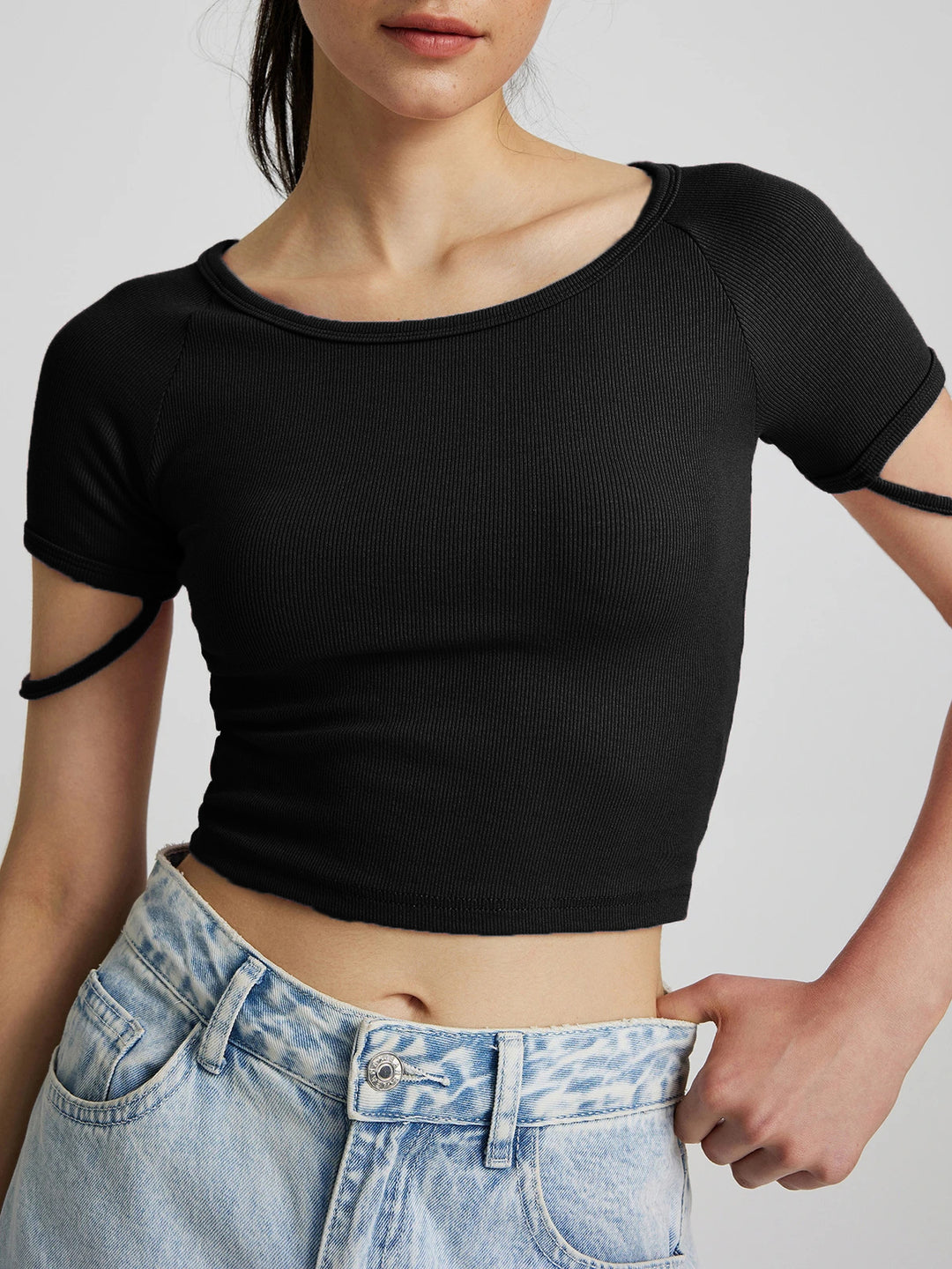 Damen kurzärmliges enganliegendes Crop-Top mit Rundhalsausschnitt R&B
