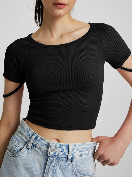 Damen kurzärmliges enganliegendes Crop-Top mit Rundhalsausschnitt R&B