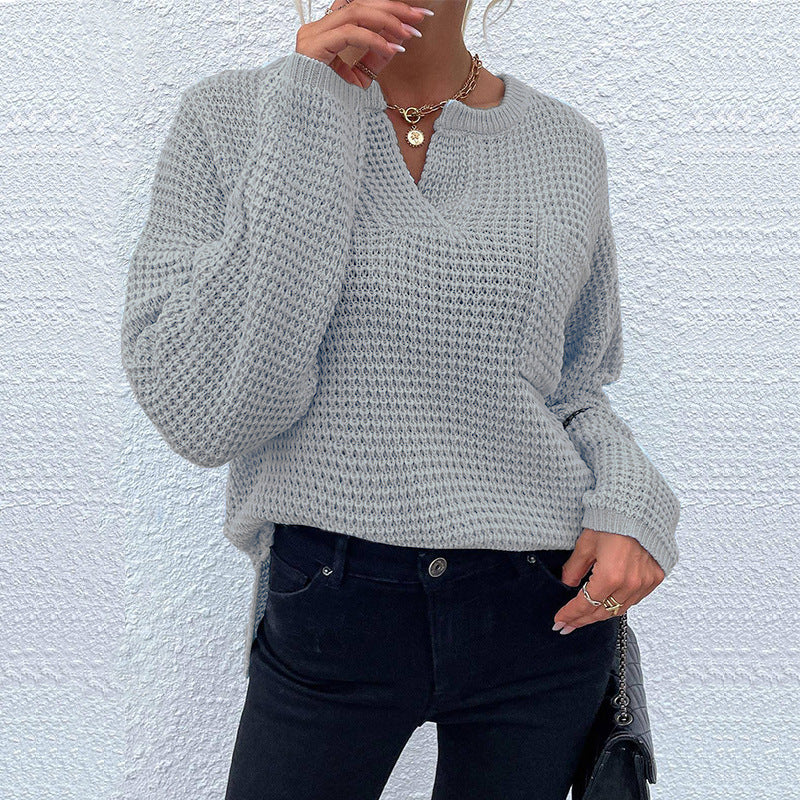 Damen lässiger Strickpullover mit V-Ausschnitt und enganliegendem Bund R&B