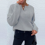 Damen lässiger Strickpullover mit V-Ausschnitt und strukturierter Oberfläche