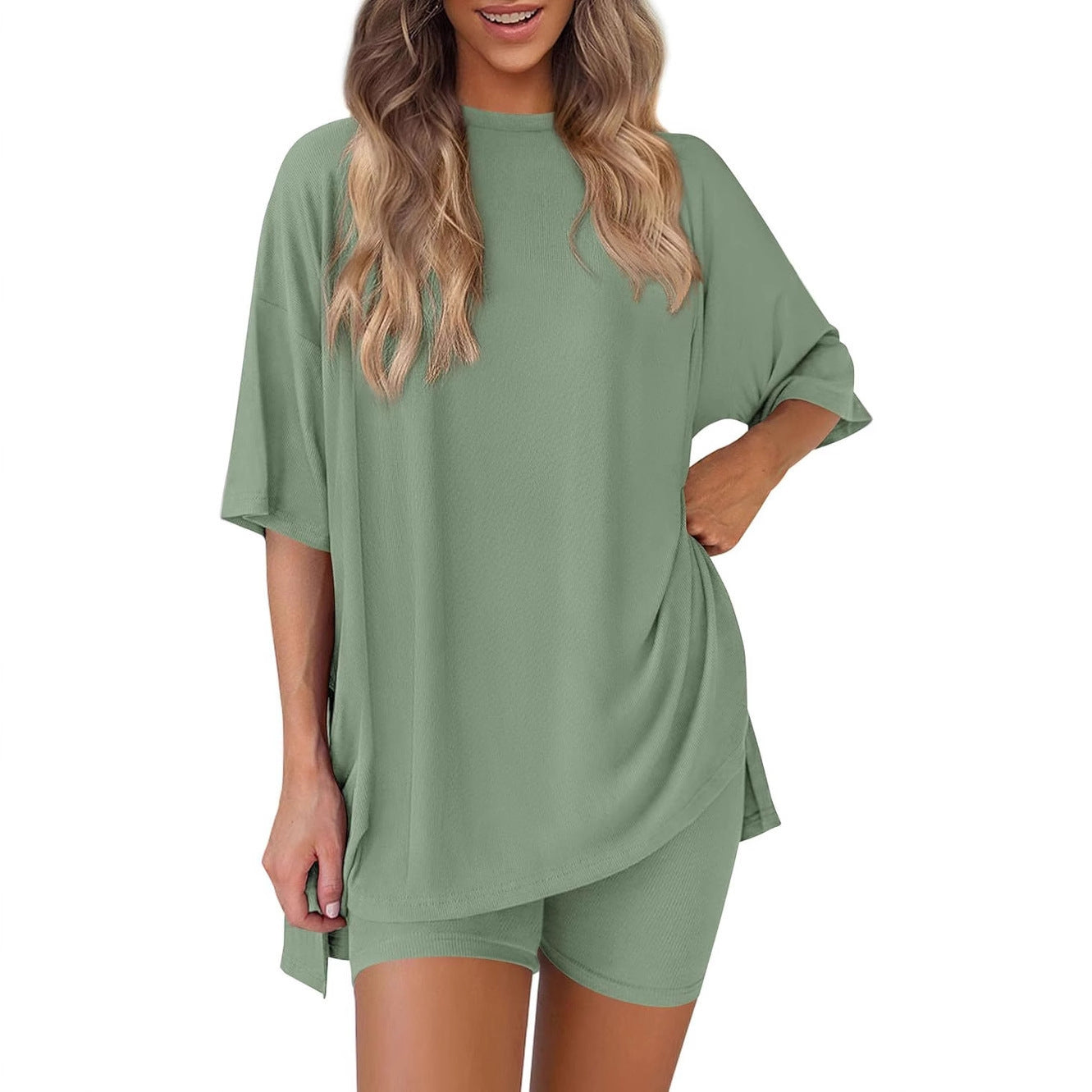 Damen Kurzes Pyjama-Set mit lockerem Shirt und Shorts R&B