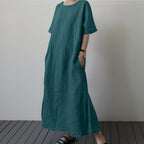 Damen Leinenmaxikleid mit weit geschnittenen Ärmeln und Taillengürtel R&B