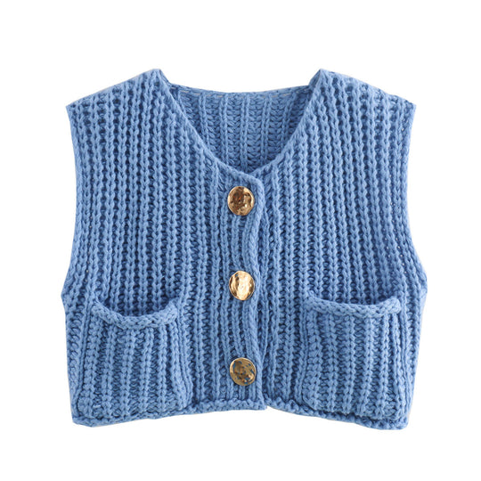 Damen Strickweste mit Taschen und Knopfdetail R&B
