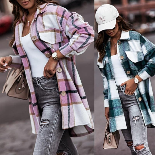 Damen Karierte Overshirt-Jacke mit praktischen Brusttaschen R&B