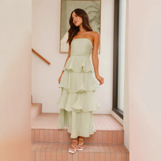 Damen Maxikleid mit voluminösen Rüschen und schulterfreiem Design R&B