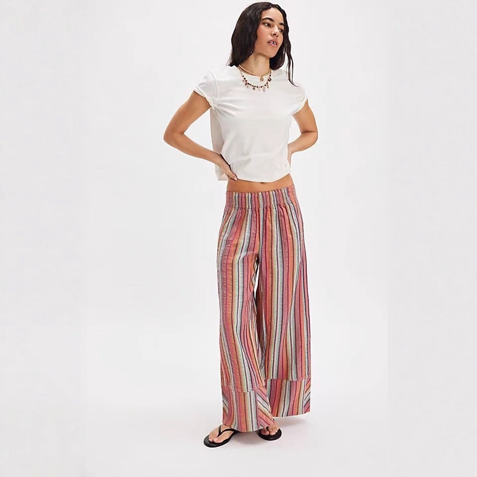 Damen weite gestreifte Sommerhose mit elastischem Bund und Taschen R&B