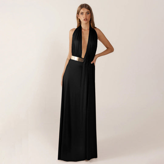 Damen Elegantes Maxikleid mit tiefem V-Ausschnitt und dekorativem Gürtel R&B