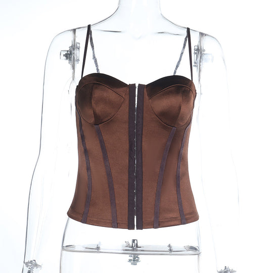 Damen figurbetonte Satin-Corsage mit feinen Trägern und dekorativen Einsätzen R&B