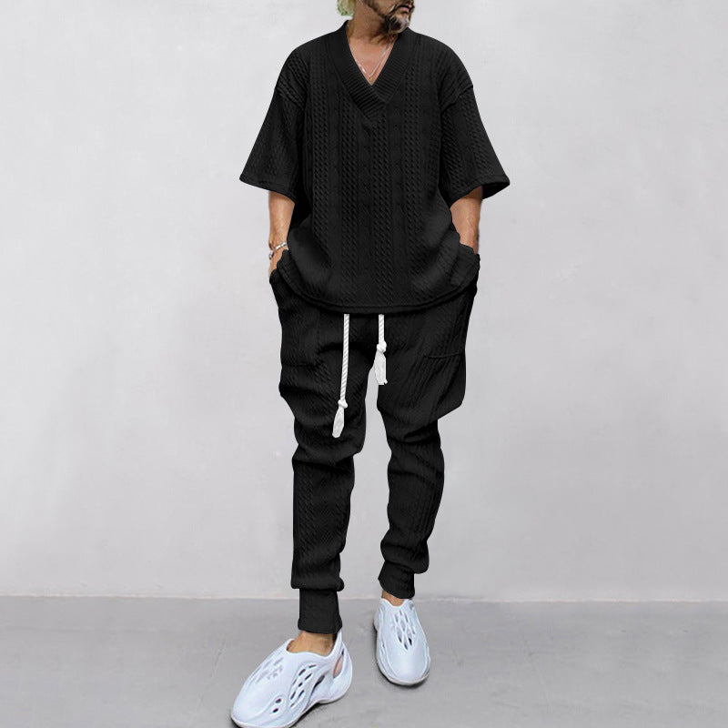 Herren nan lässiges Strickset mit V-Ausschnitt und Kordelzug-Joggerhose R&B