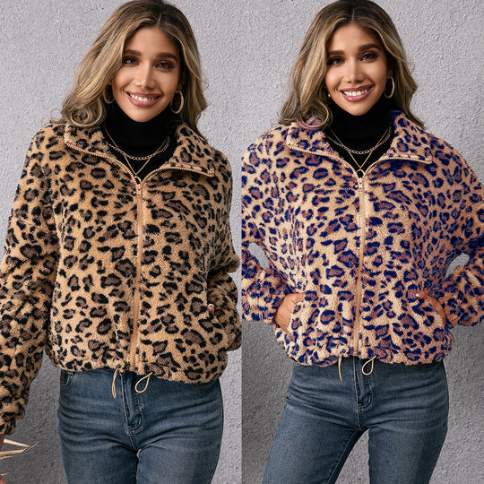 Damen Fleecejacke mit Leoparddruck und seitlichen Taschen R&B