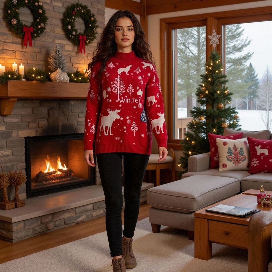 Damen winterlicher Weihnachts-Pullover mit festlichem Elch-Design und hochgeschlossenem Kragen R&B