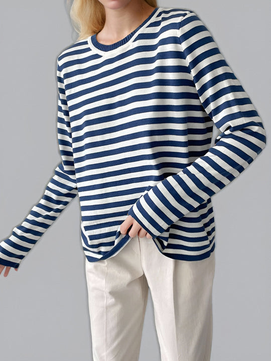 Damen gestreifter Langarmpullover mit Rundhalsausschnitt und lässigem Schnitt R&B