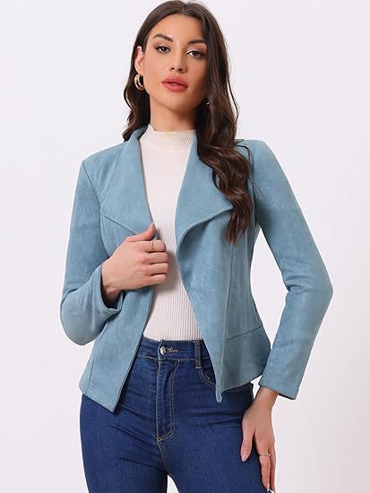 Damen modische Synthetiklederjacke mit offenem Schnitt und Taschen R&B