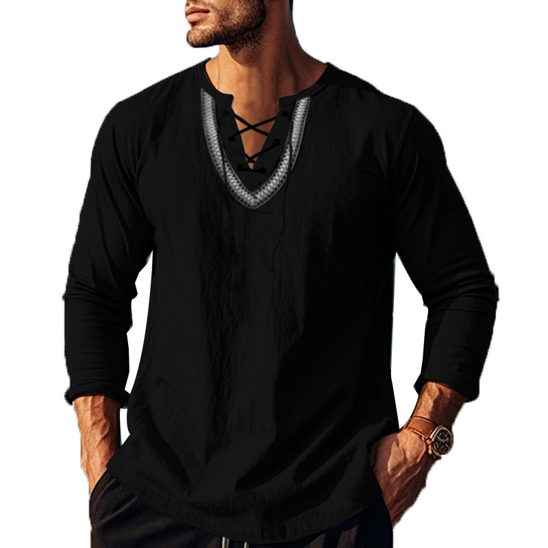 Herren Langarm-Henley-Shirt mit dekorativer Schnürung und lässigem Schnitt R&B
