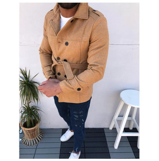 Herren modischer Trenchcoat mit doppelter Knopfleiste und abnehmbarem Gürtel R&B