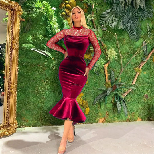 Damen Elegant Fit-and-Flare Kleid mit Spitzenärmeln R&B