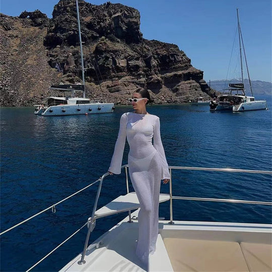 Damen Elegantes Maxikleid mit transparentem Stoff und modischen Trompetenärmeln R&B