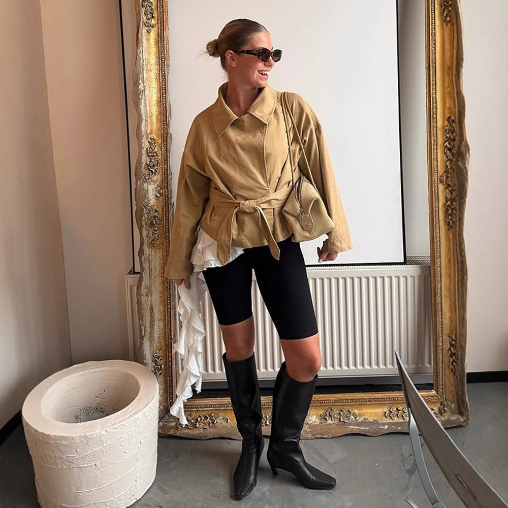 Damen lässige Oversized-Jacke mit Taillenschnürung R&B