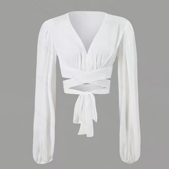 Damen Wickelbluse mit langem Arm und elegantem V-Ausschnitt R&B
