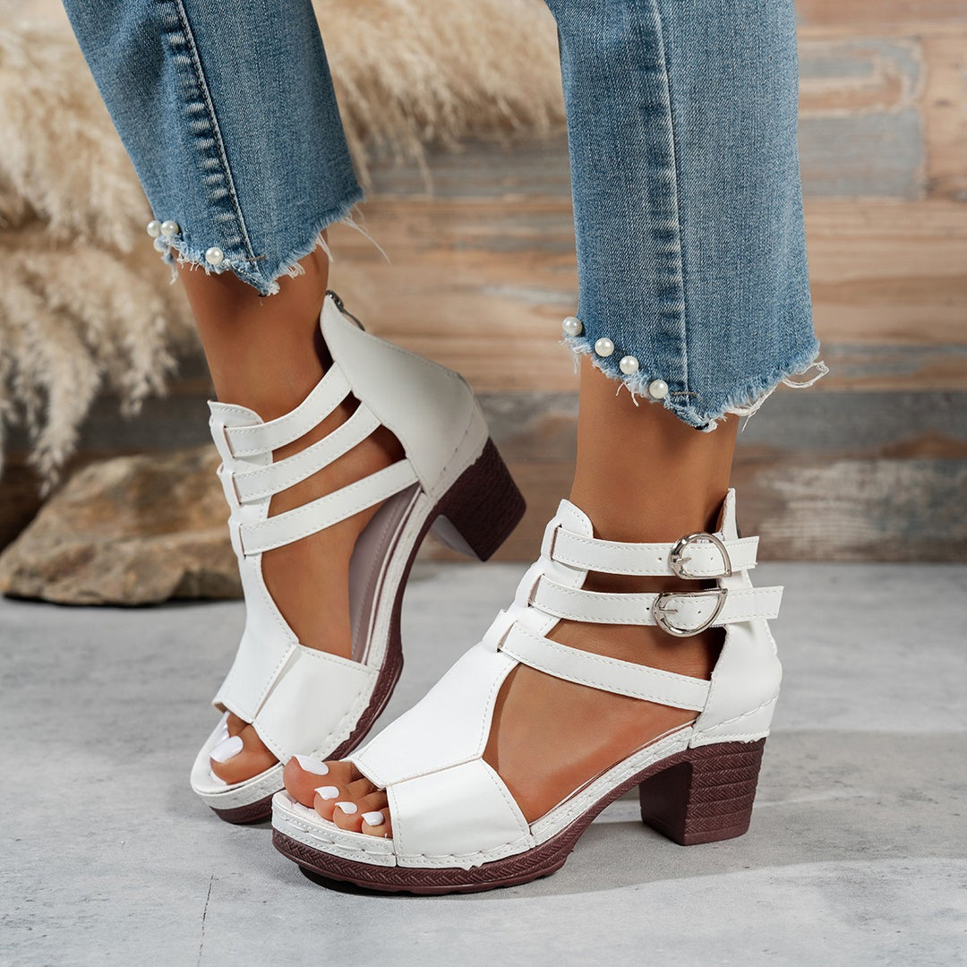 Damen Offene Riemensandalen mit Blockabsatz und Doppel-Schnallen R&B